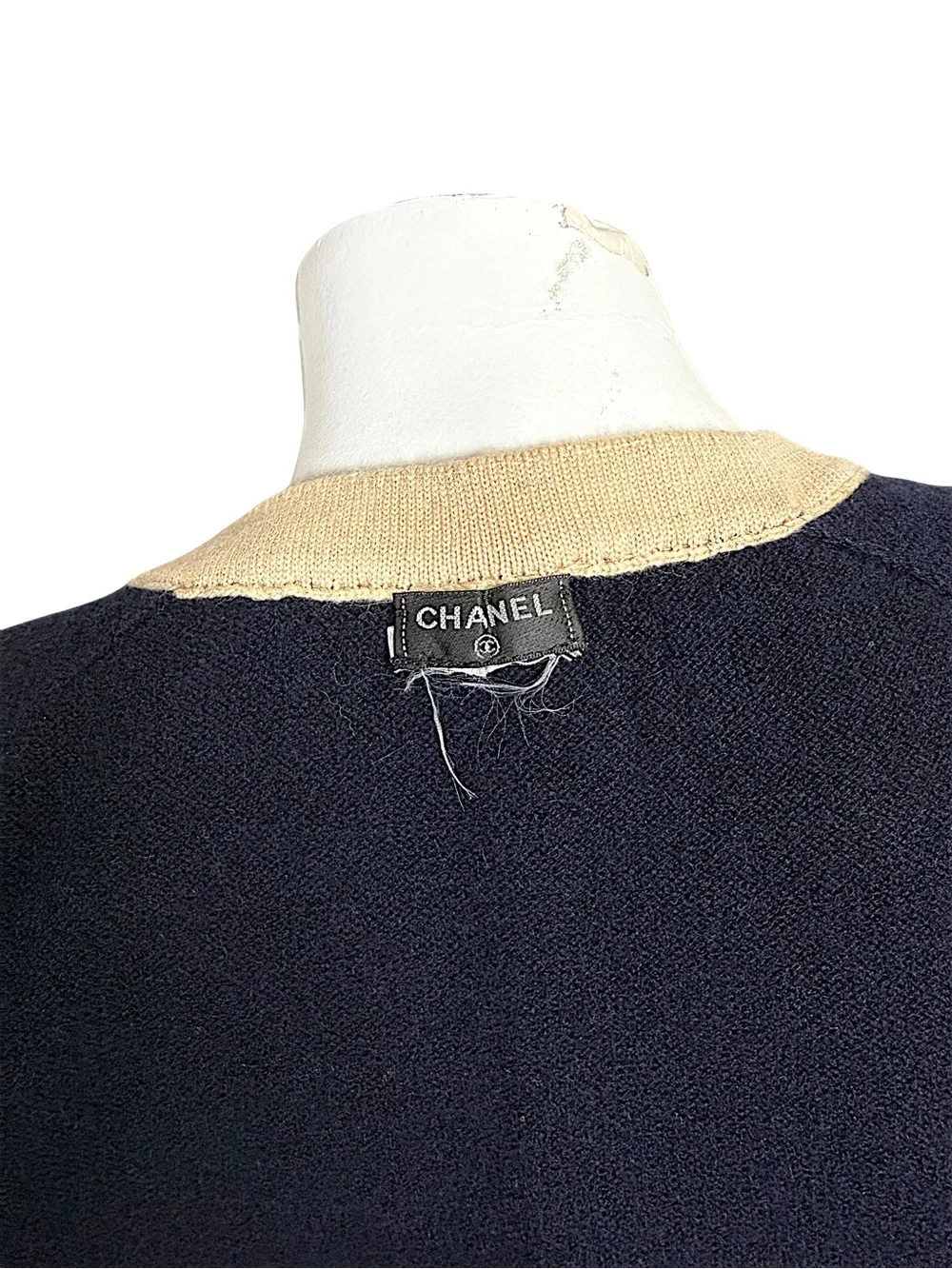 Vintage 90s Chanel Navy Ecru Cashmere CC Cardigan